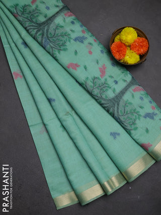 Jamdhani cotton saree teal green with thread woven buttas and jamdhani pallu