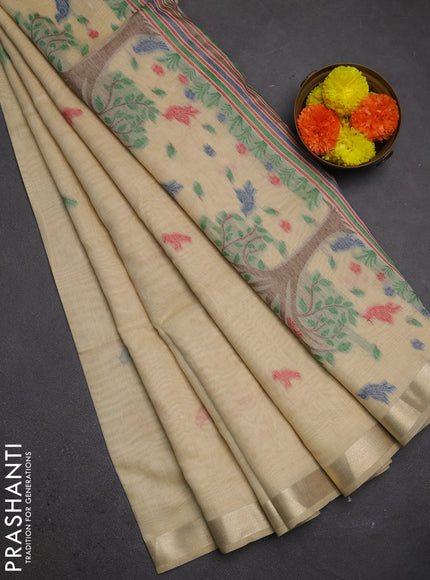 Jamdhani cotton saree beige with thread woven buttas and jamdhani pallu