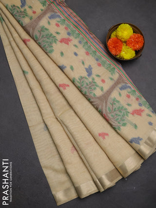 Jamdhani cotton saree beige with thread woven buttas and jamdhani pallu