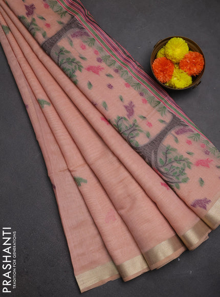 Jamdhani cotton saree peach shade with thread woven buttas and jamdhani pallu