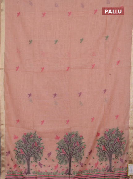 Jamdhani cotton saree peach shade with thread woven buttas and jamdhani pallu