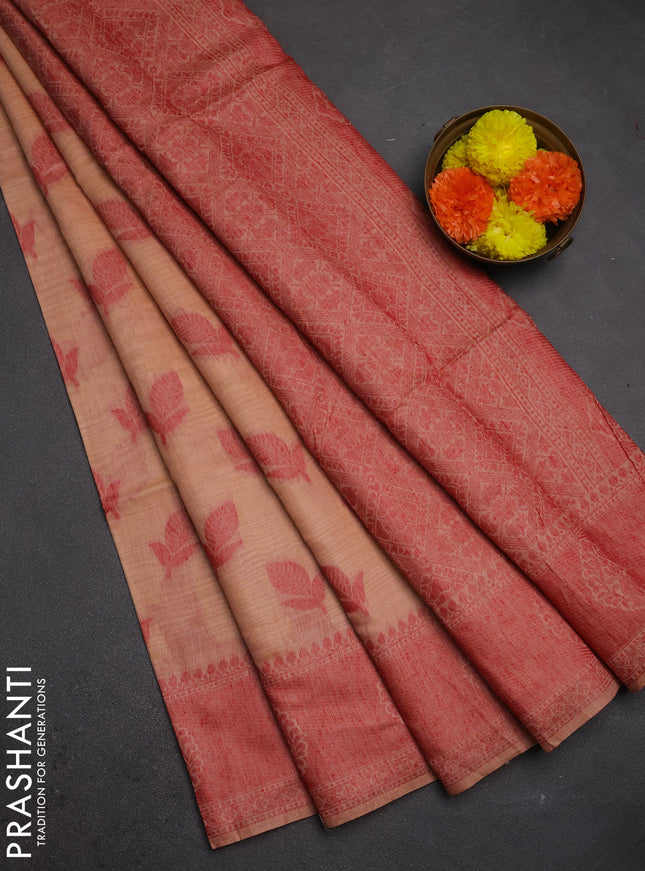 Jamdhani cotton saree peach shade and maroon with thread woven buttas and jamdhani pallu
