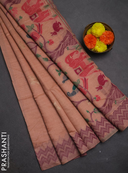 Jamdhani cotton saree peach orange and purple with zari woven buttas and jamdhani pallu