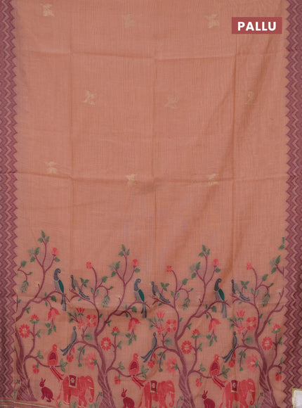 Jamdhani cotton saree peach orange and purple with zari woven buttas and jamdhani pallu