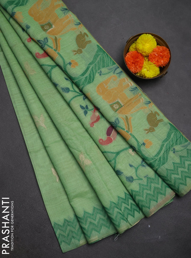 Jamdhani cotton saree pista green and bottle green with zari woven buttas and jamdhani pallu
