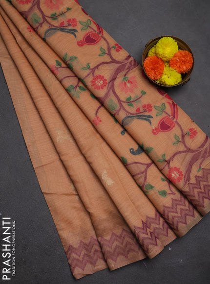 Jamdhani cotton saree peach shade and purple with zari woven buttas and jamdhani pallu