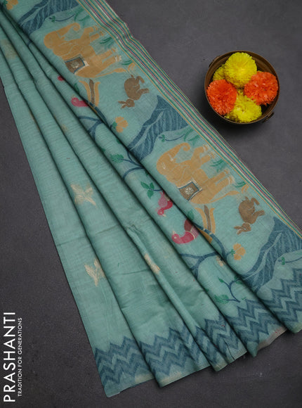 Jamdhani cotton saree teal blue and peacock green with zari woven buttas and jamdhani pallu
