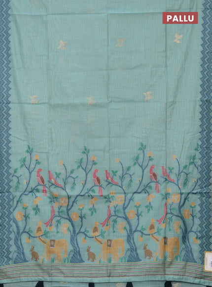 Jamdhani cotton saree teal blue and peacock green with zari woven buttas and jamdhani pallu