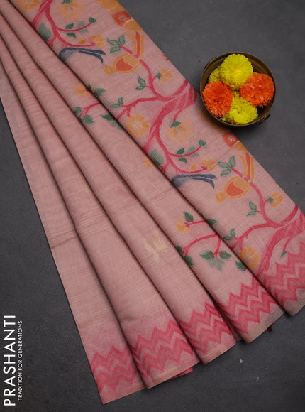 Jamdhani cotton saree peach shade and pink with zari woven buttas and jamdhani pallu