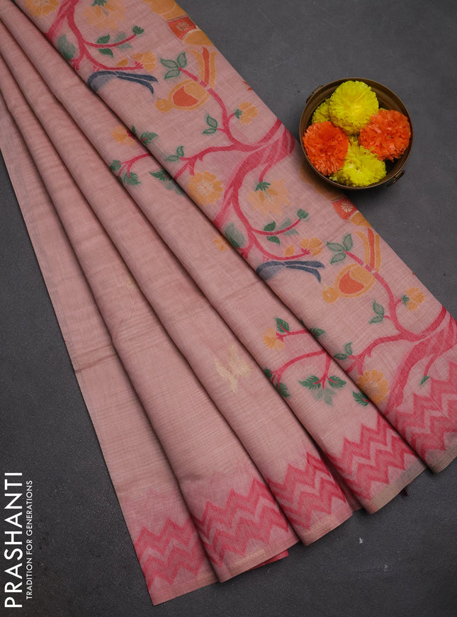 Jamdhani cotton saree peach shade and pink with zari woven buttas and jamdhani pallu