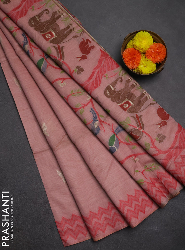 Jamdhani cotton saree peach shade and maroon with zari woven buttas and jamdhani pallu