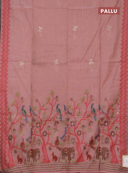 Jamdhani cotton saree peach shade and maroon with zari woven buttas and jamdhani pallu