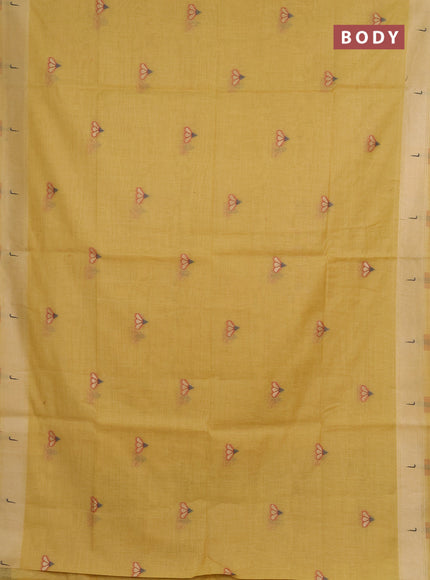 Jamdhani cotton saree pale yellow with zari woven buttas and muniya butta border