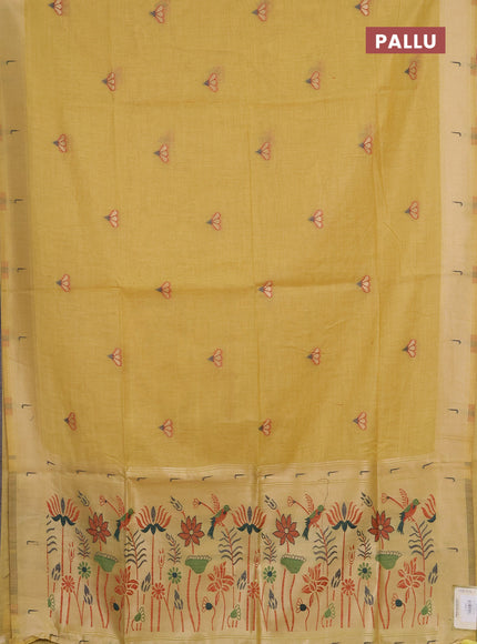 Jamdhani cotton saree pale yellow with zari woven buttas and muniya butta border