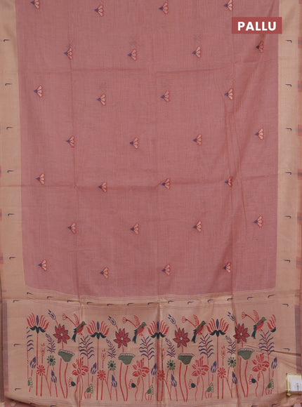 Jamdhani cotton saree peach pink with zari woven buttas and muniya butta border