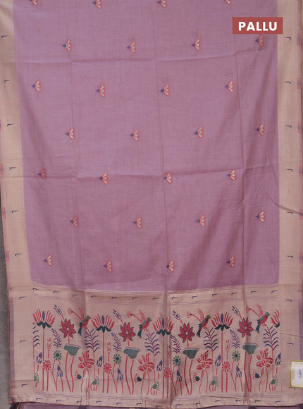 Jamdhani cotton saree lavender with zari woven buttas and muniya butta border