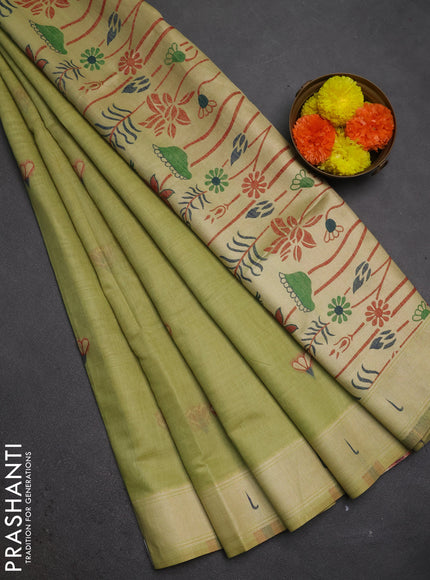Jamdhani cotton saree pista green with zari woven buttas and muniya butta border