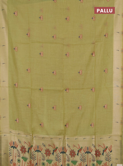 Jamdhani cotton saree pista green with zari woven buttas and muniya butta border