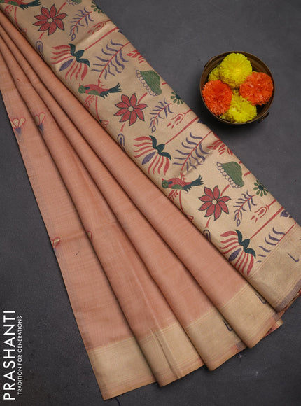 Jamdhani cotton saree peach shade with zari woven buttas and muniya butta border