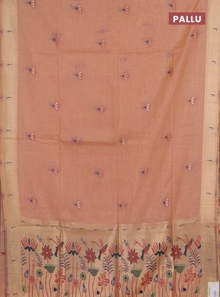 Jamdhani cotton saree peach shade with zari woven buttas and muniya butta border