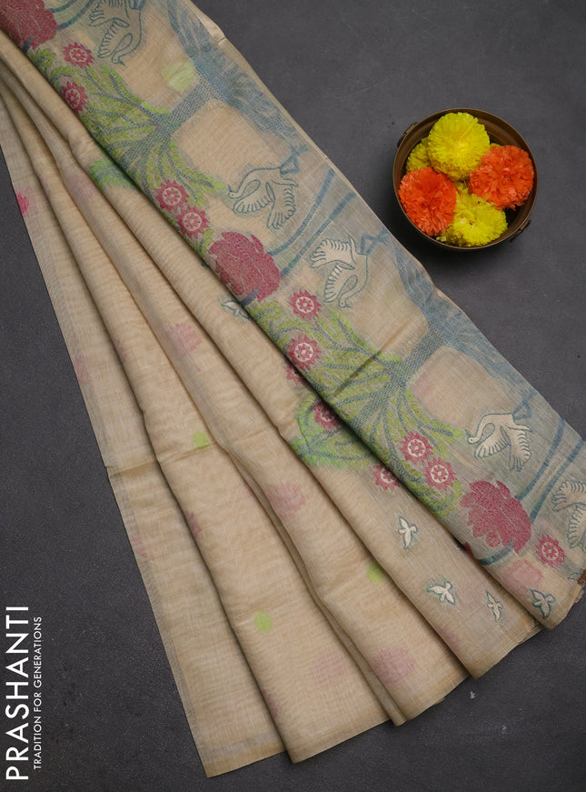 Jamdhani cotton saree beige with thread buttas and jamdhani pallu
