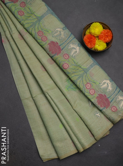 Jamdhani cotton saree pista green with thread buttas and jamdhani pallu