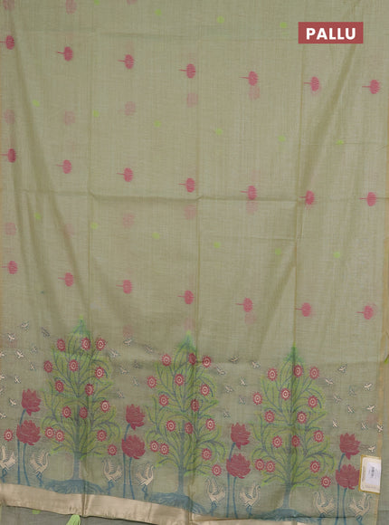 Jamdhani cotton saree pista green with thread buttas and jamdhani pallu