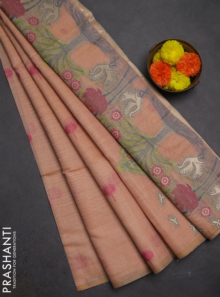 Jamdhani cotton saree peach shade with thread buttas and jamdhani pallu