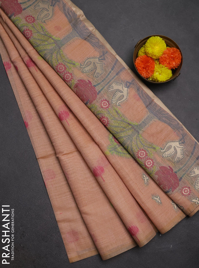 Jamdhani cotton saree peach shade with thread buttas and jamdhani pallu