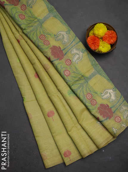 Jamdhani cotton saree lime green with thread buttas and jamdhani pallu