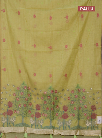Jamdhani cotton saree lime green with thread buttas and jamdhani pallu