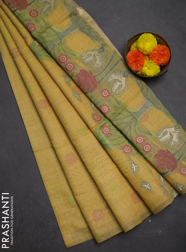 Jamdhani cotton saree pale yellow with thread buttas and jamdhani pallu