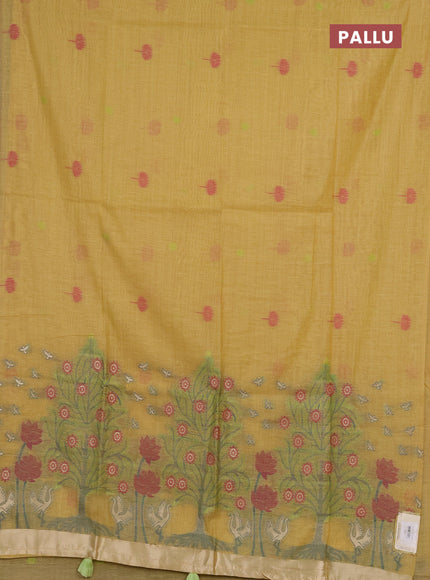 Jamdhani cotton saree pale yellow with thread buttas and jamdhani pallu
