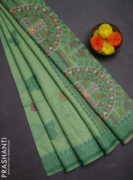 Jamdhani cotton saree pista green with thread buttas and jamdhani pallu