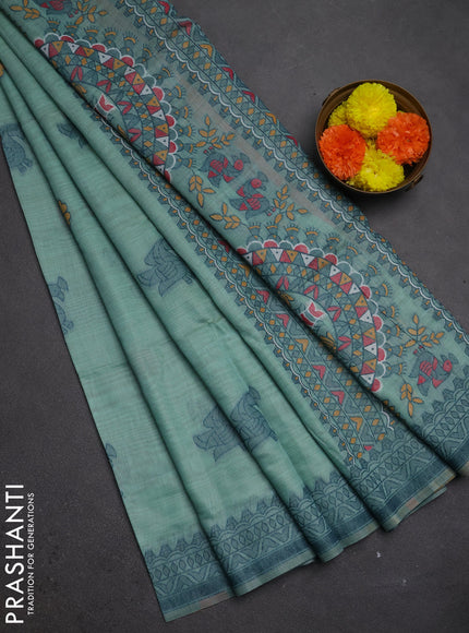 Jamdhani cotton saree teal green with thread buttas and jamdhani pallu
