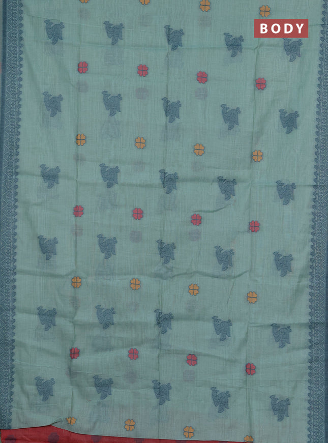 Jamdhani cotton saree teal green with thread buttas and jamdhani pallu