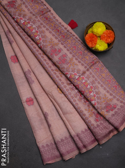 Jamdhani cotton saree peach shade with thread buttas and jamdhani pallu