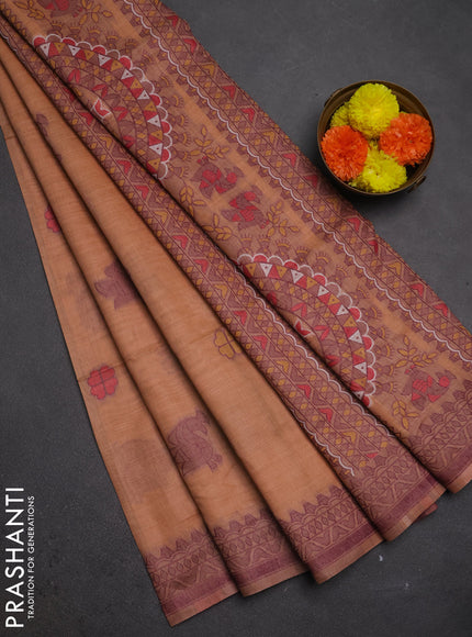 Jamdhani cotton saree peach orange with thread buttas and jamdhani pallu