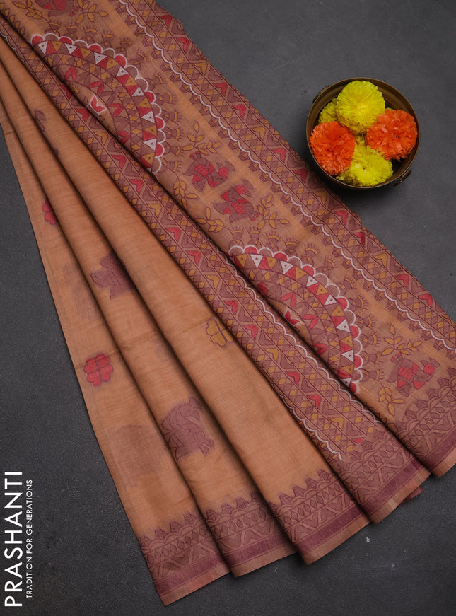 Jamdhani cotton saree peach orange with thread buttas and jamdhani pallu