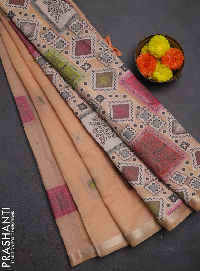 Jamdhani cotton saree peach shade and pink with allover thread woven geomatric buttas and jamdhani pallu