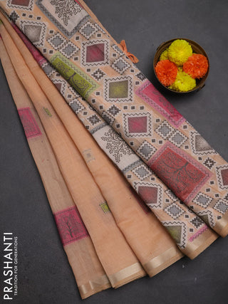 Jamdhani cotton saree peach shade and pink with allover thread woven geomatric buttas and jamdhani pallu