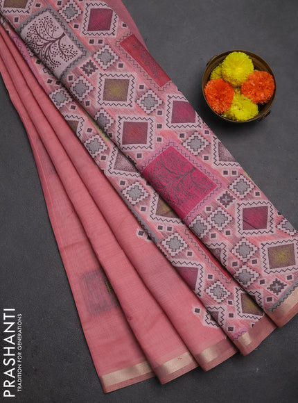 Jamdhani cotton saree peach pink and pink with allover thread woven geomatric buttas and jamdhani pallu