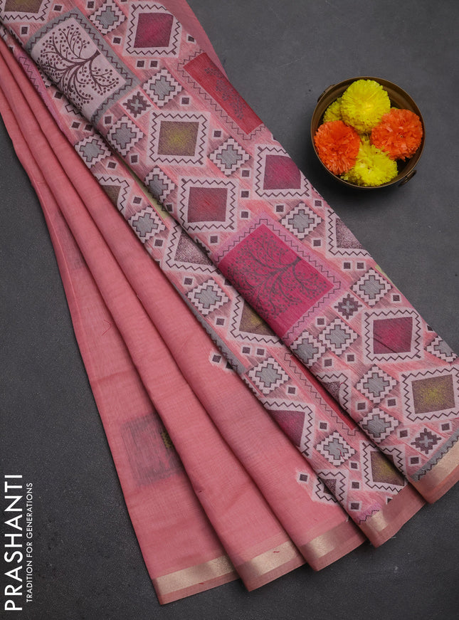 Jamdhani cotton saree peach pink and pink with allover thread woven geomatric buttas and jamdhani pallu
