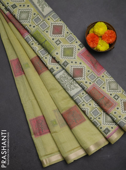 Jamdhani cotton saree pista green and pink with allover thread woven geomatric buttas and jamdhani pallu