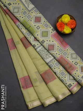 Jamdhani cotton saree pista green and pink with allover thread woven geomatric buttas and jamdhani pallu