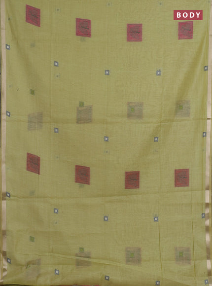 Jamdhani cotton saree pista green and pink with allover thread woven geomatric buttas and jamdhani pallu