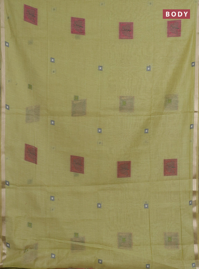 Jamdhani cotton saree pista green and pink with allover thread woven geomatric buttas and jamdhani pallu