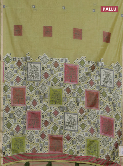Jamdhani cotton saree pista green and pink with allover thread woven geomatric buttas and jamdhani pallu