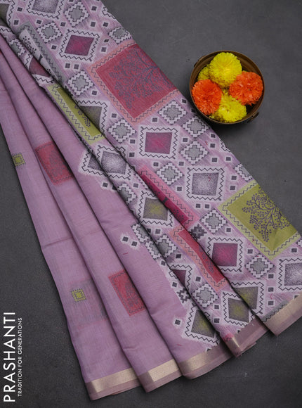 Jamdhani cotton saree lavender and pink with allover thread woven geomatric buttas and jamdhani pallu