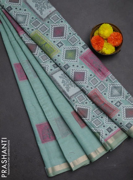 Jamdhani cotton saree teal green and pink with allover thread woven geomatric buttas and jamdhani pallu